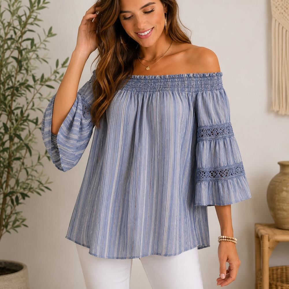 Kiwi & Punch Blue Striped Off Shoulder Tunic Blouse Sz M NWT